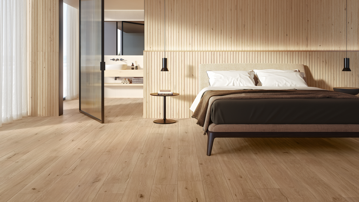 minimalist bedroom set with surfaces in LOG wood effect tiles from Atlas Concorde