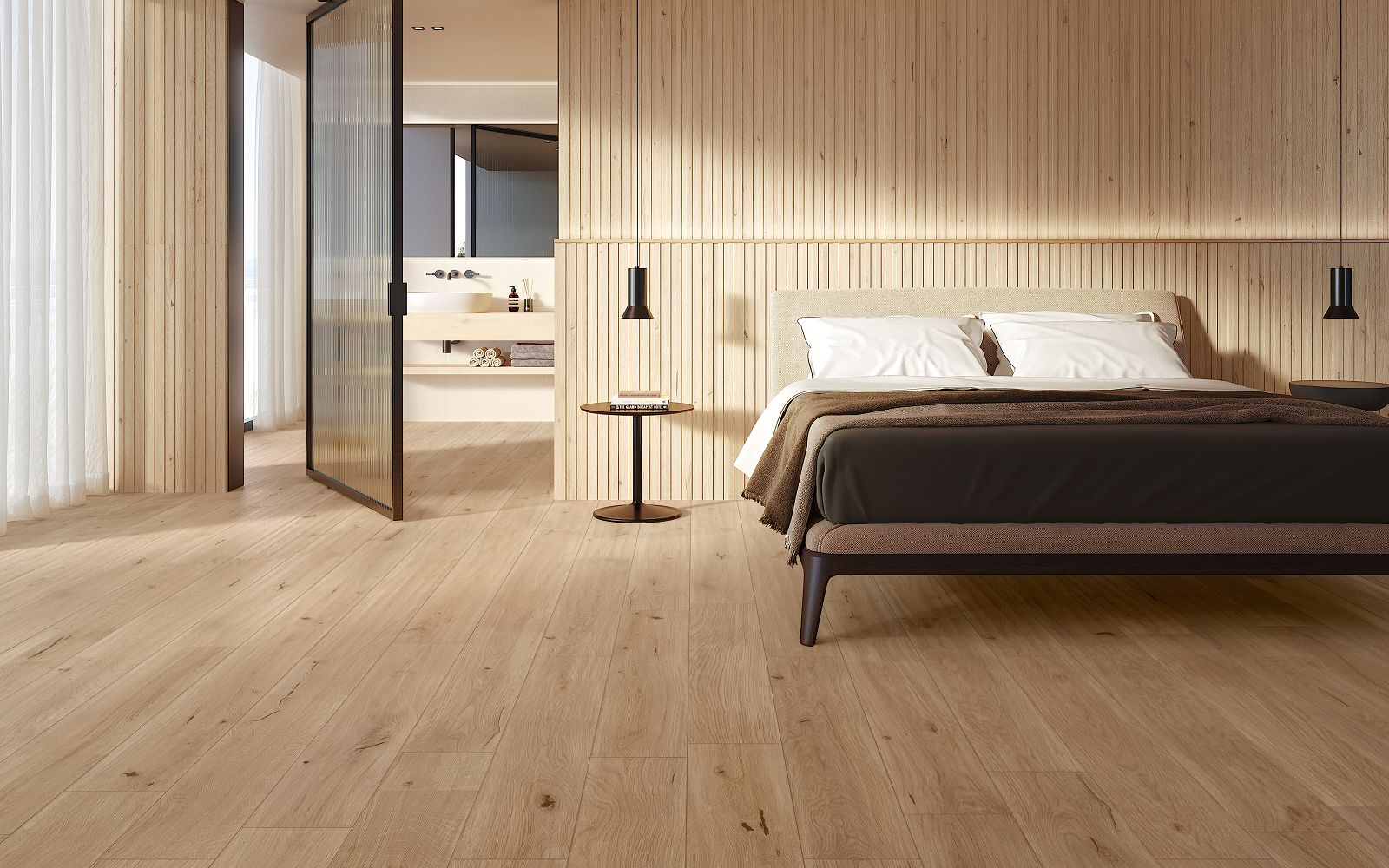 minimalist bedroom set with surfaces in LOG wood effect tiles from Atlas Concorde