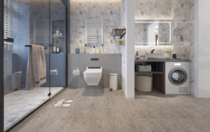 Impervia engineered flooring from The Solid Wood Flooring in the bathroom