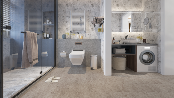 Impervia engineered flooring from The Solid Wood Flooring in the bathroom