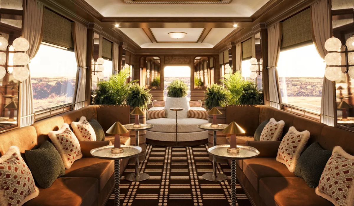 Lounge area of the Britannic Explorer, Belmond train with interiors by Albion Nord