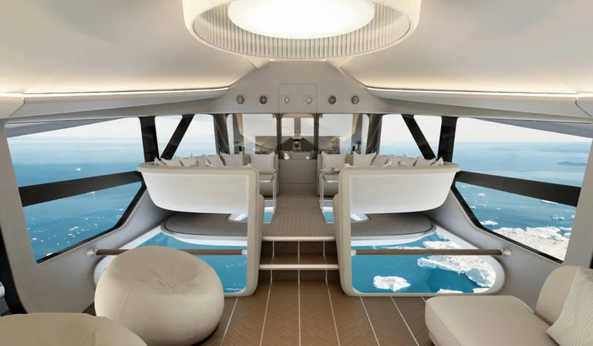 Interior of Oceansky cruises airship, with glass bottom and view of ice and sea