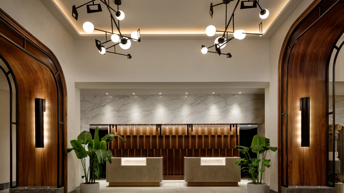 architectural lighting and arches flanking the reception in sofitel Philadelphia