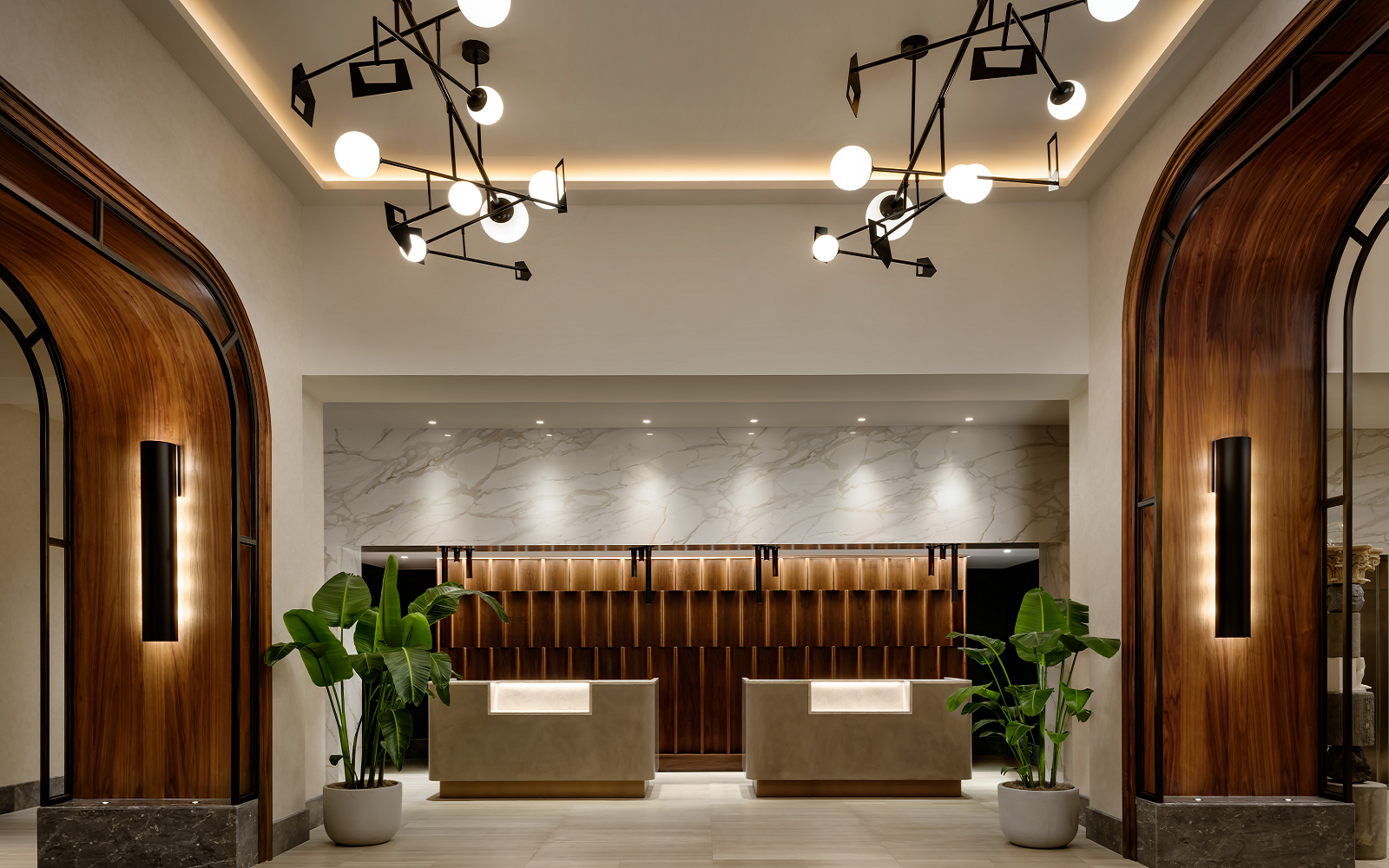 architectural lighting and arches flanking the reception in sofitel Philadelphia