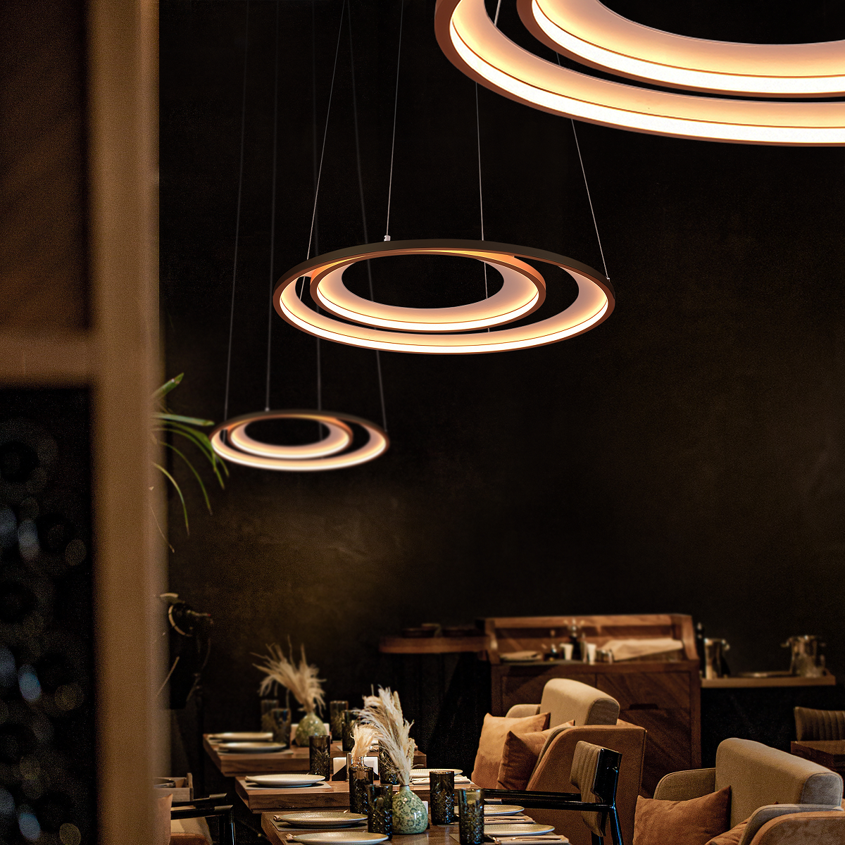 circular recessed lights above restaurant tables