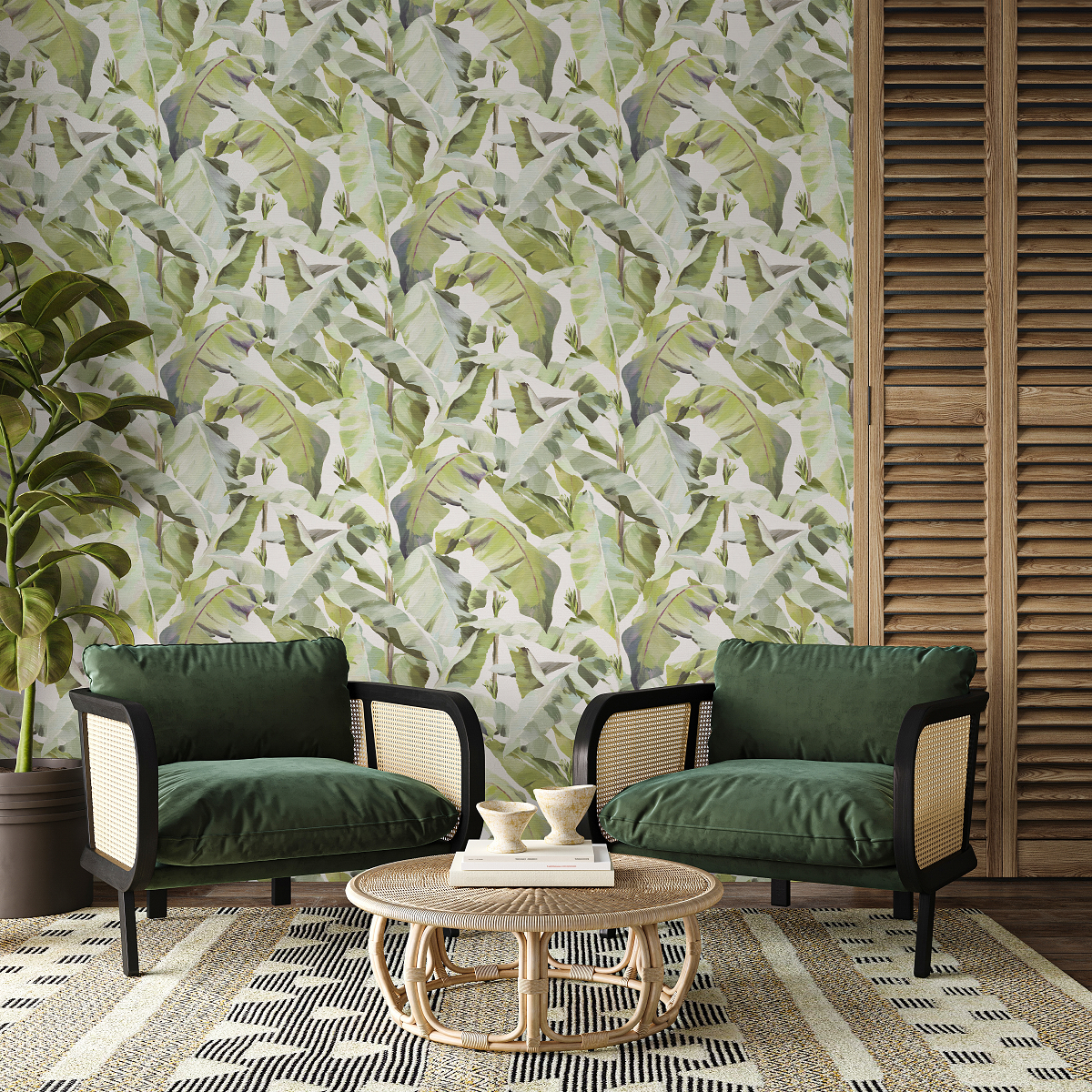 hand painted banana leaf pattern wallcovering 