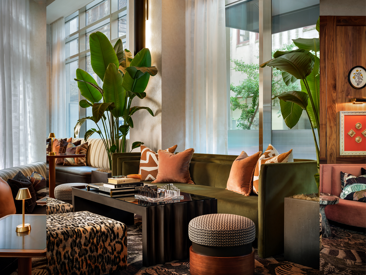 seating and plants in hotel lobby