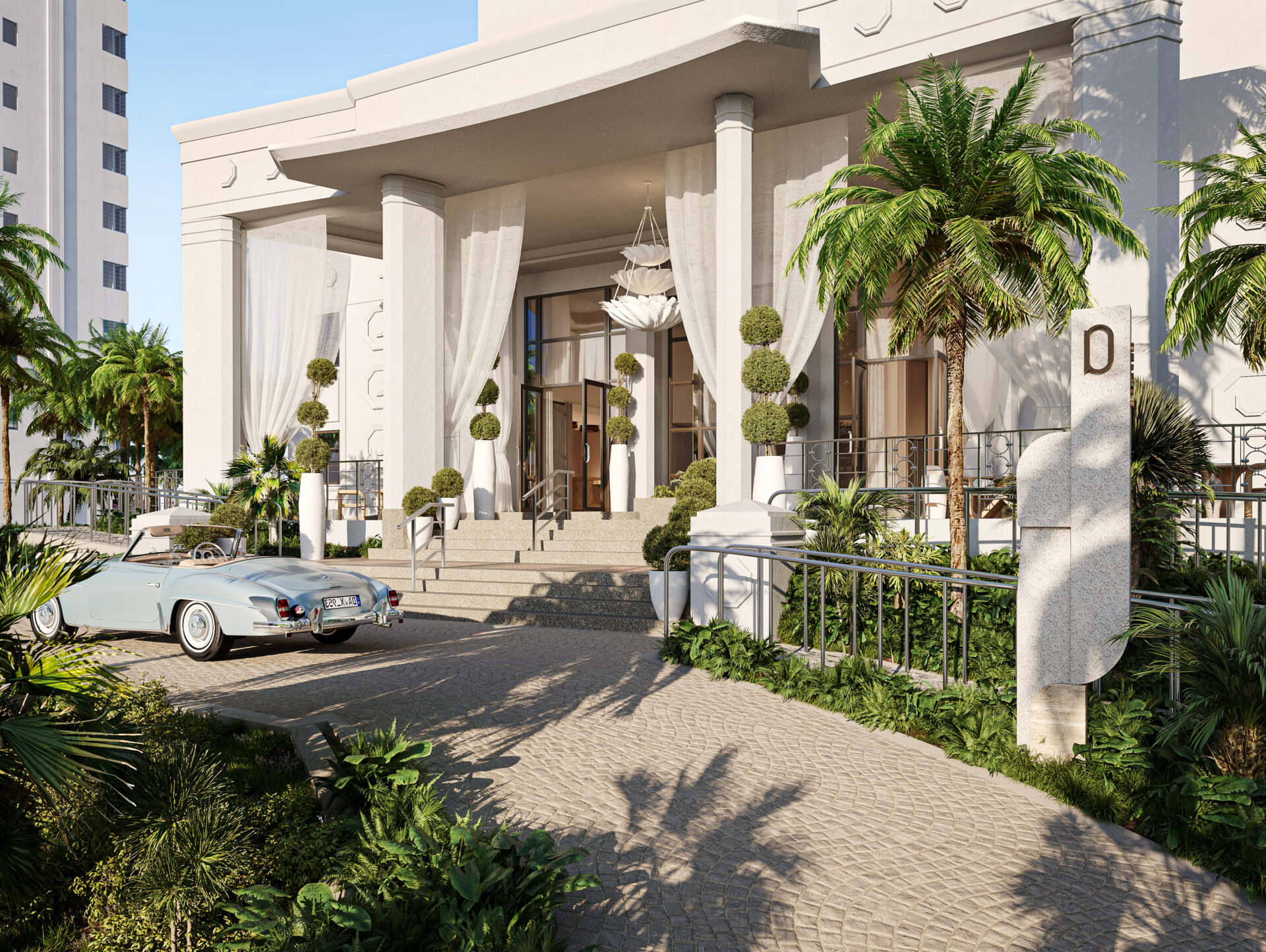 white pillars and curtains at entrance to Delano Miami