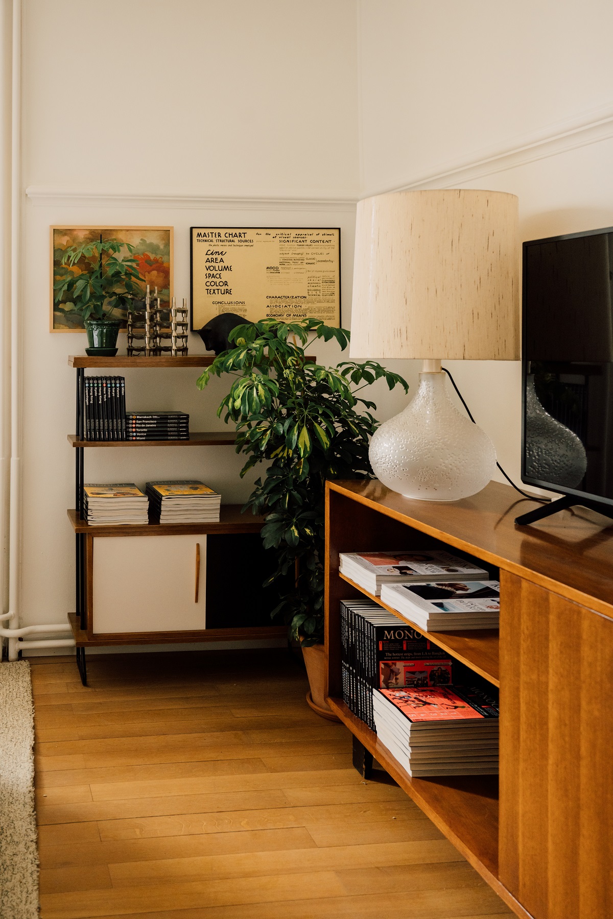 mid century design details and shelf with Monocle magazine collection