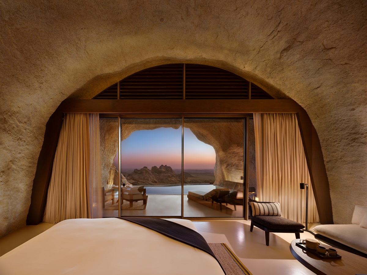 guestroom built into mountain rock in Desert Rock