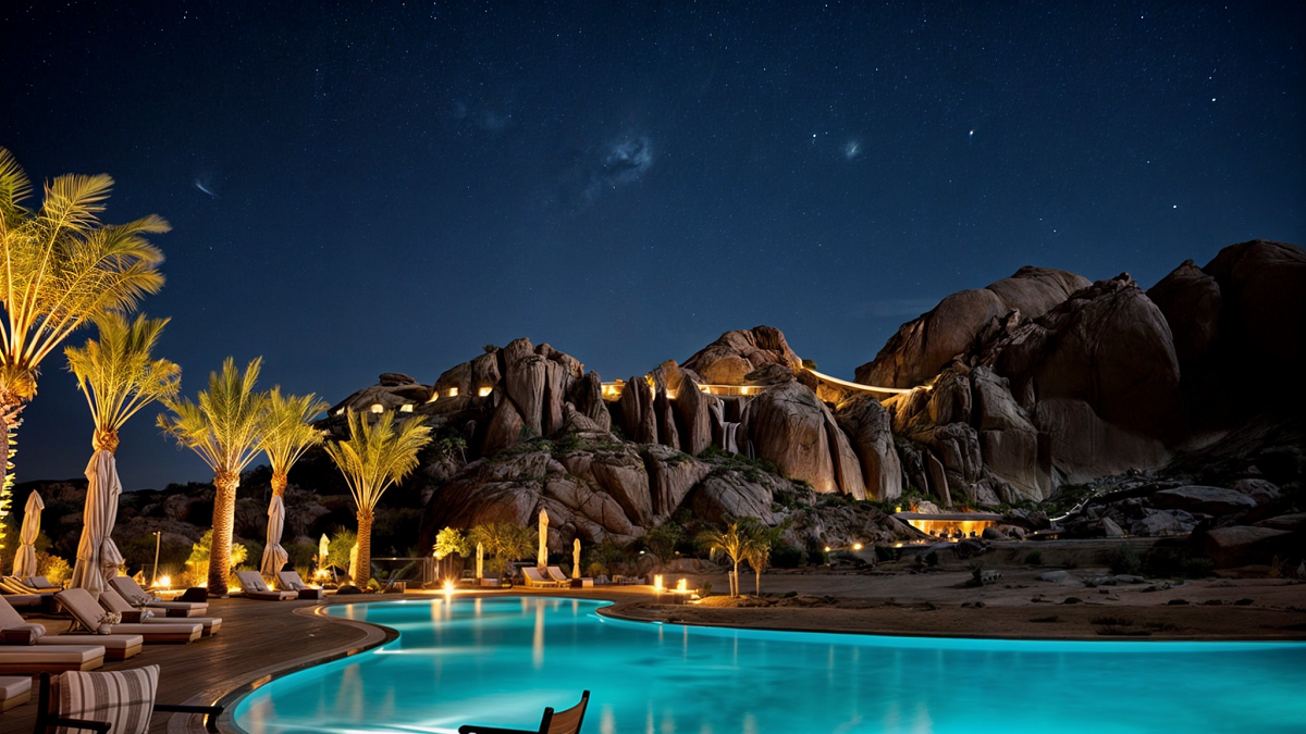 oasis of palm trees and swimming pool in front of Desert Rock resort