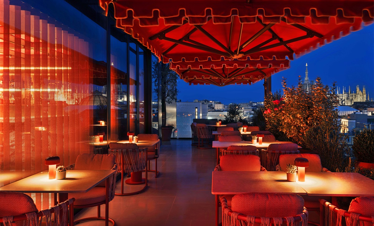 skybar and restaurant terrace with view on Duomo of Milan at Casa Brera