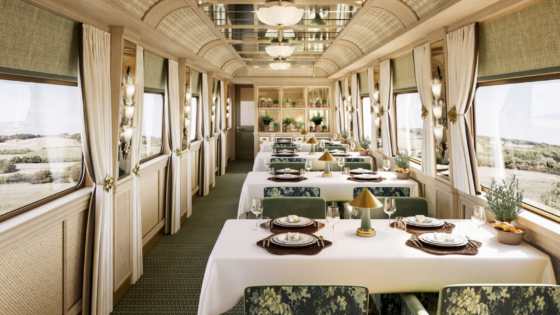 Dining car on the Britannic Explorer Belmond sleeper train