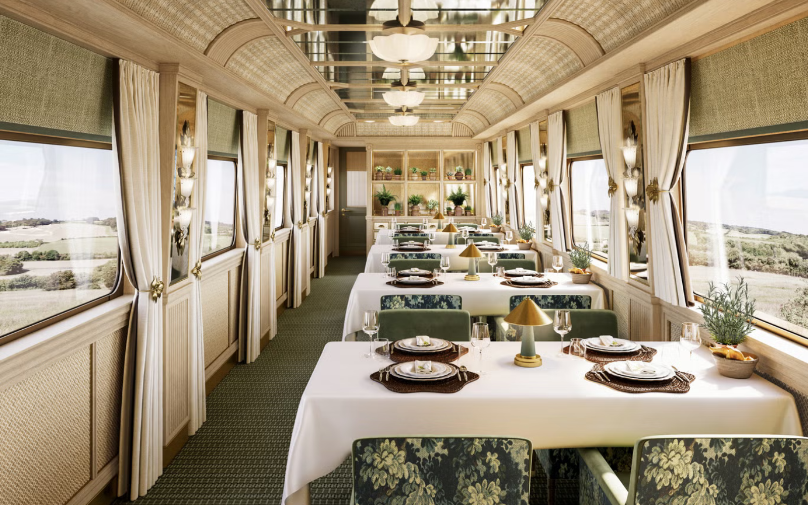 Dining car on the Britannic Explorer Belmond sleeper train