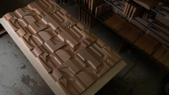 Workshop view of 10-metre cherry wood tile installation