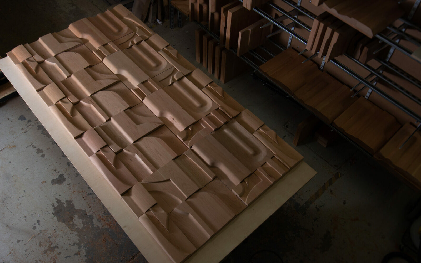 Workshop view of 10-metre cherry wood tile installation