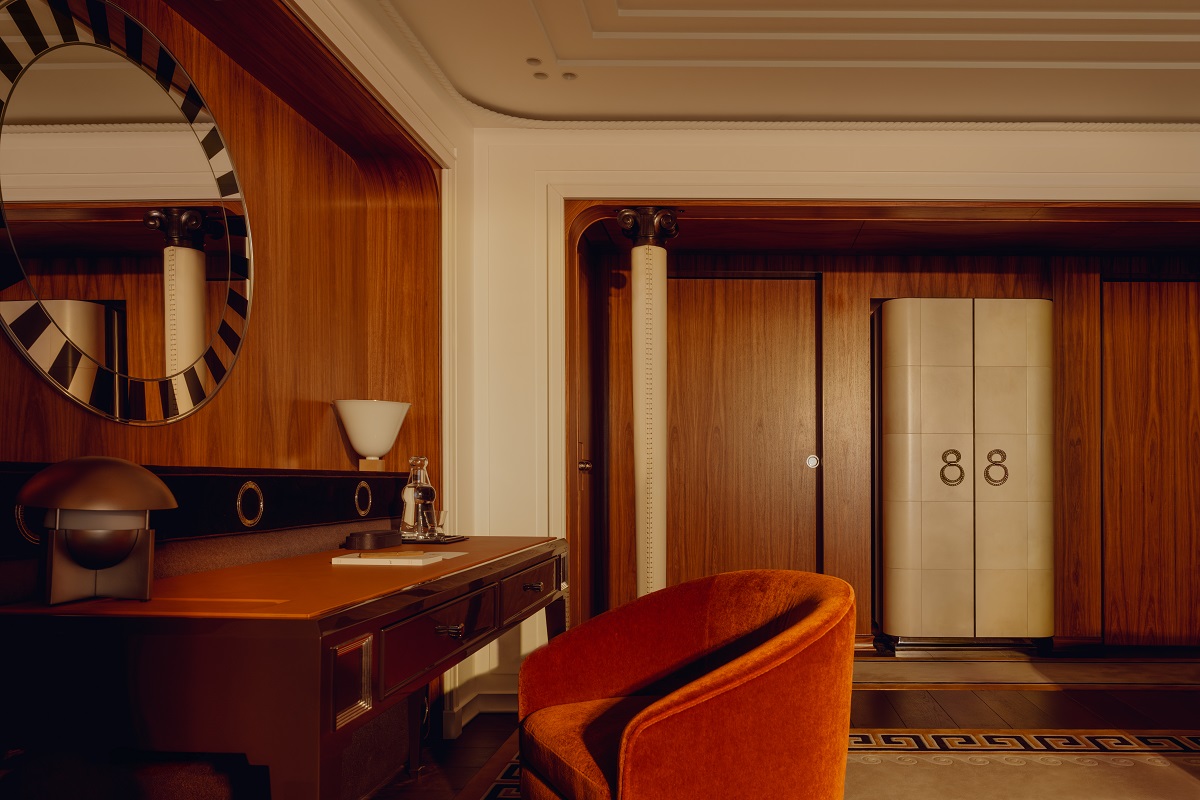 chair , desk and mirror detail in orient Express yacht design