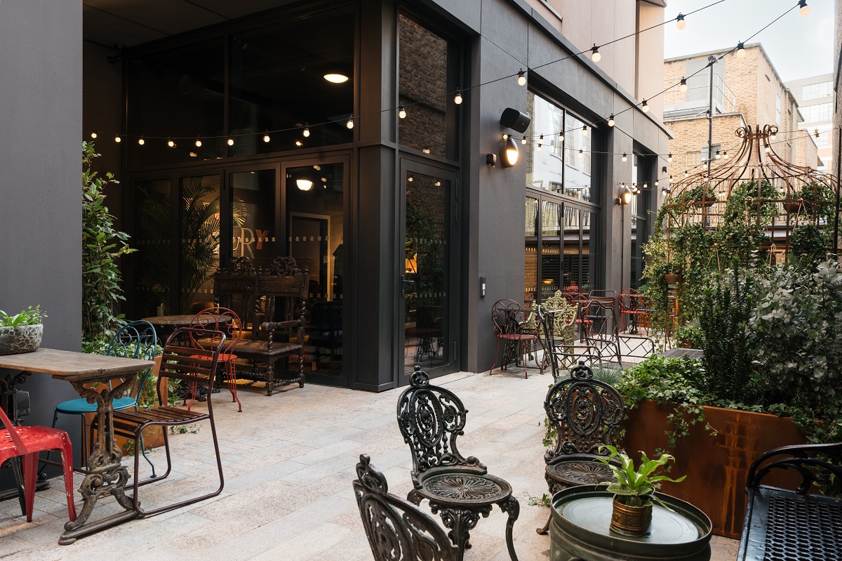 outdoor terrace and seating at Ruby Stella