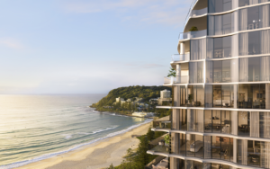 exterior render of coast location and glass facade of Mondrian Gold Coast