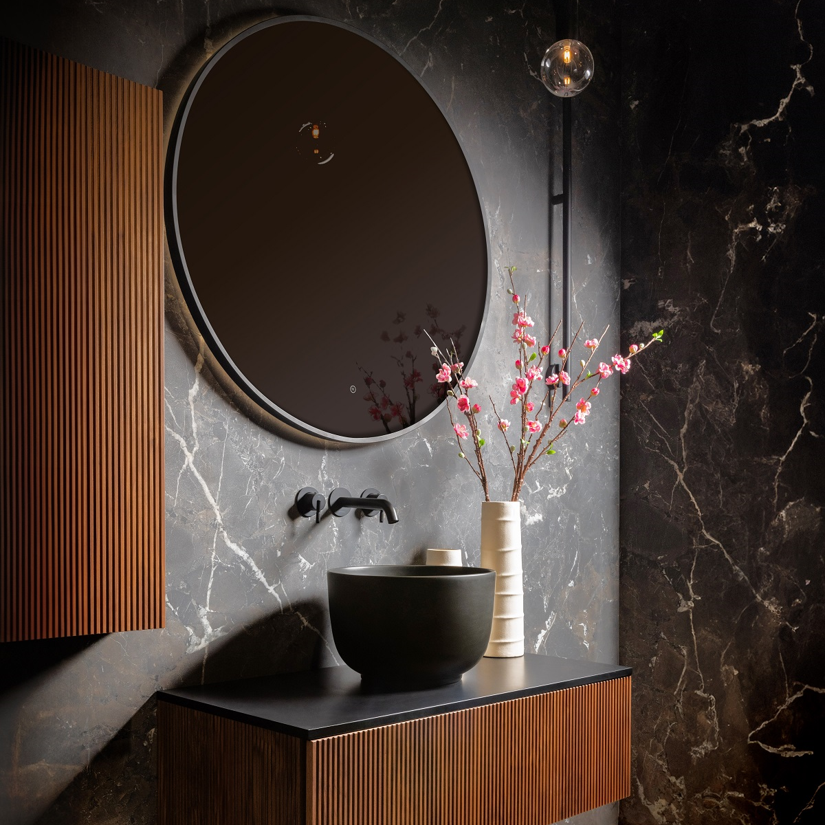 black bowl shaped Nara basin on wooden vanity