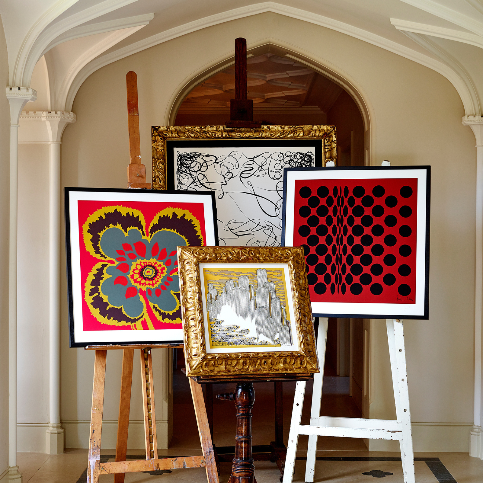 Collection of Richard Allan London scarf prints on easels