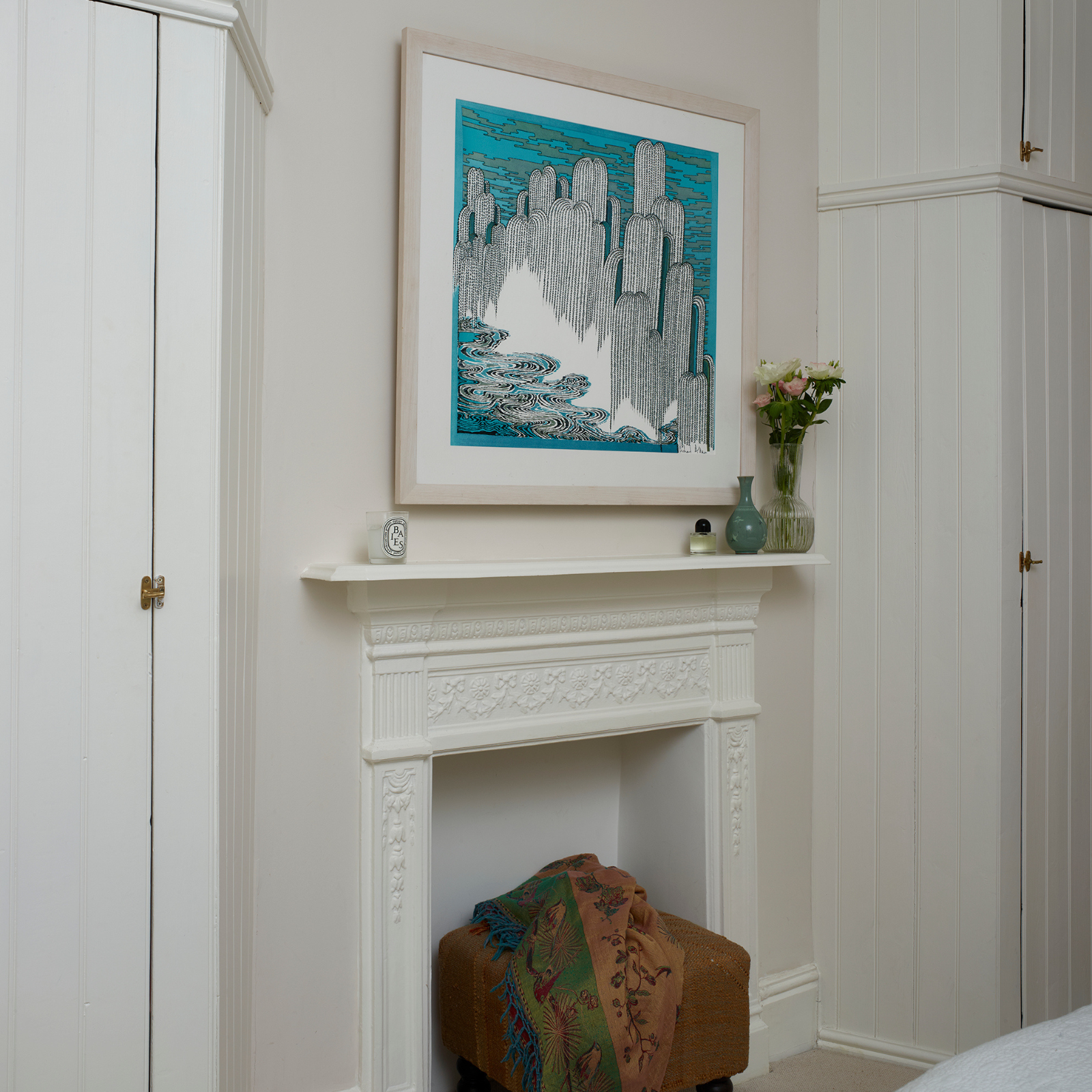 The Zen print from Richard Allan London, above fireplace mantle