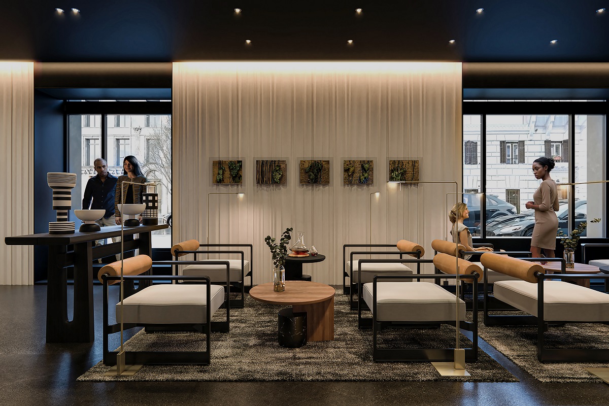 geometrically square chairs and round table in hotel lobby