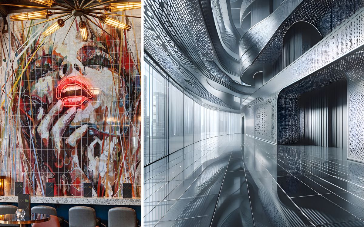 Two images side-by-side show the variety of different surface finishes: the first shows an art installation created by tiles of an artist's impression of a woman's face, made even more contemporary with her lips highlighted with neon strand lighting; the second image is a futuristic lobby space made up of different levels of reflective metallic surfaces in cool silvery finishes. 