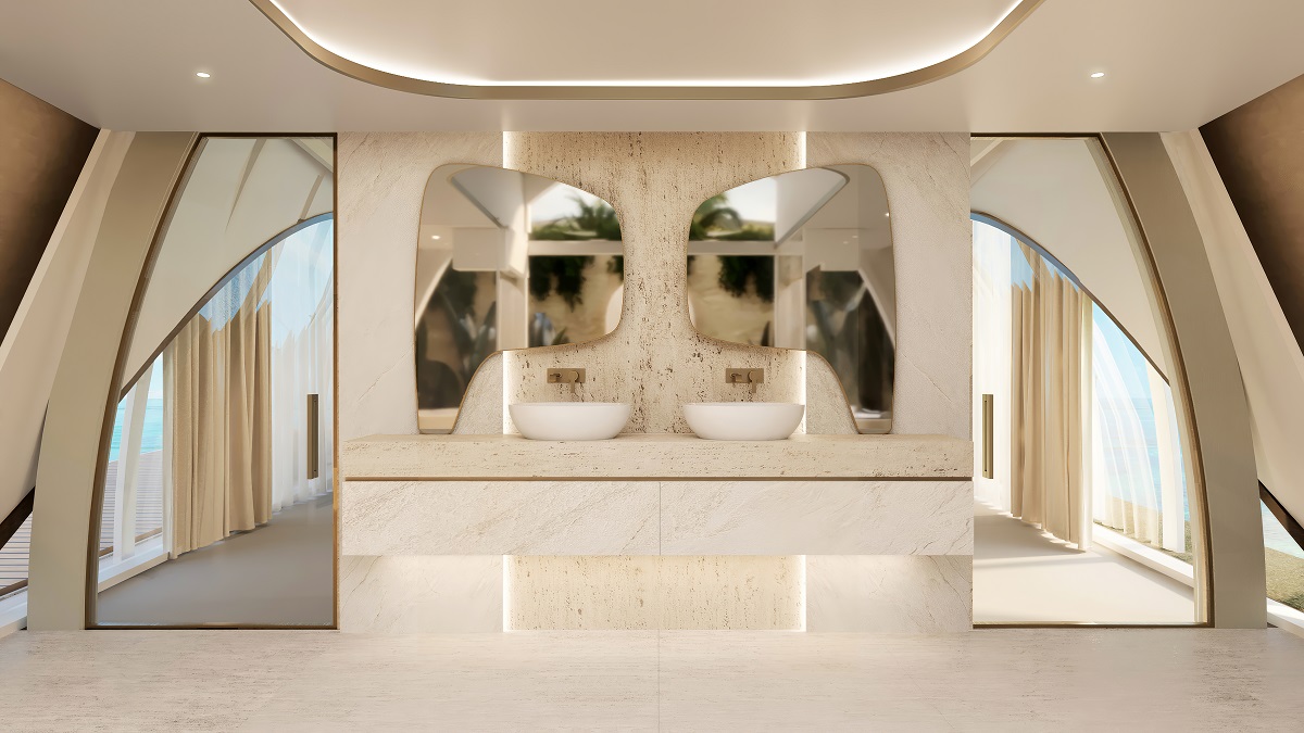 curved walls and white marble in bathroom design by Elie Saab