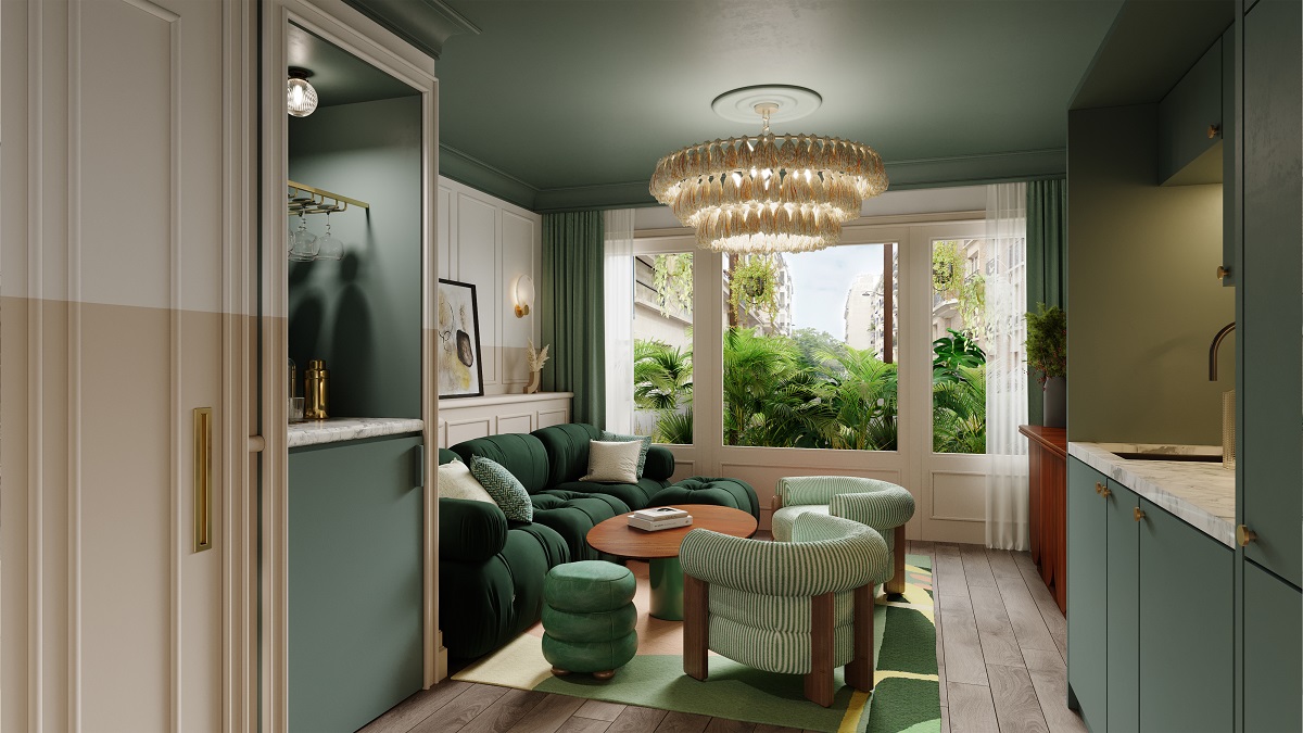 green walls and furniture refelct plants through the window in Le Jardin De Verre garden suite