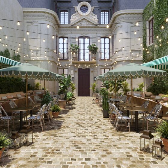 striped parasols and fairylights in the courtyard of Le Jardin de Verre Paris by Locke