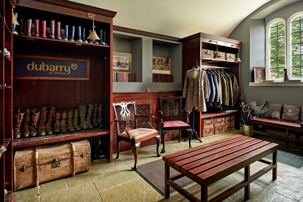 boots and outdoor clothing for guests in the dubarry boot room