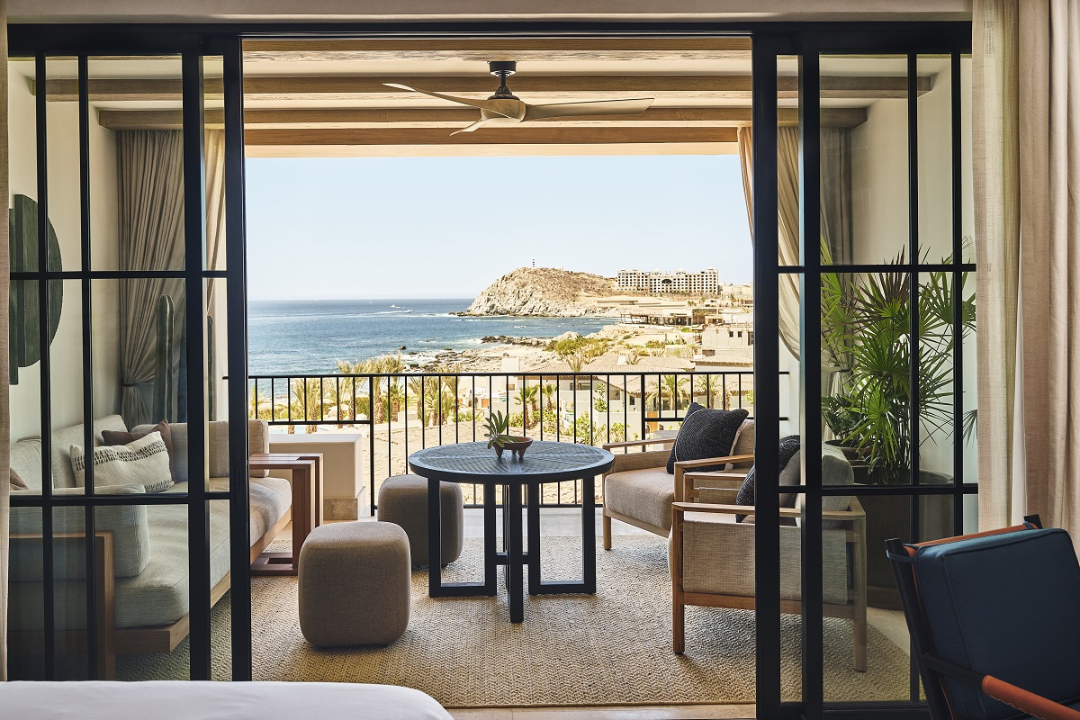 view from guestroom onto private terrace with sea view at Cabo Del Sol