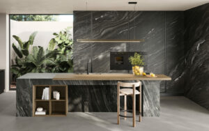 Black marble surface kitchen design using Atlas Concorde's new Marvel Diva collection