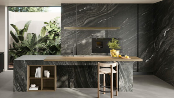 Black marble surface kitchen design using Atlas Concorde's new Marvel Diva collection