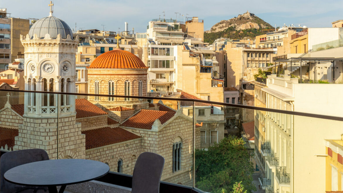 Balcony view over Athens from Bob W Aparthotel Eolou, Greece