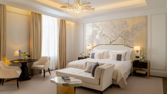 gold, cream and white design in guestroom of Corinthia Grand Hotel du Boulevard Bucharest