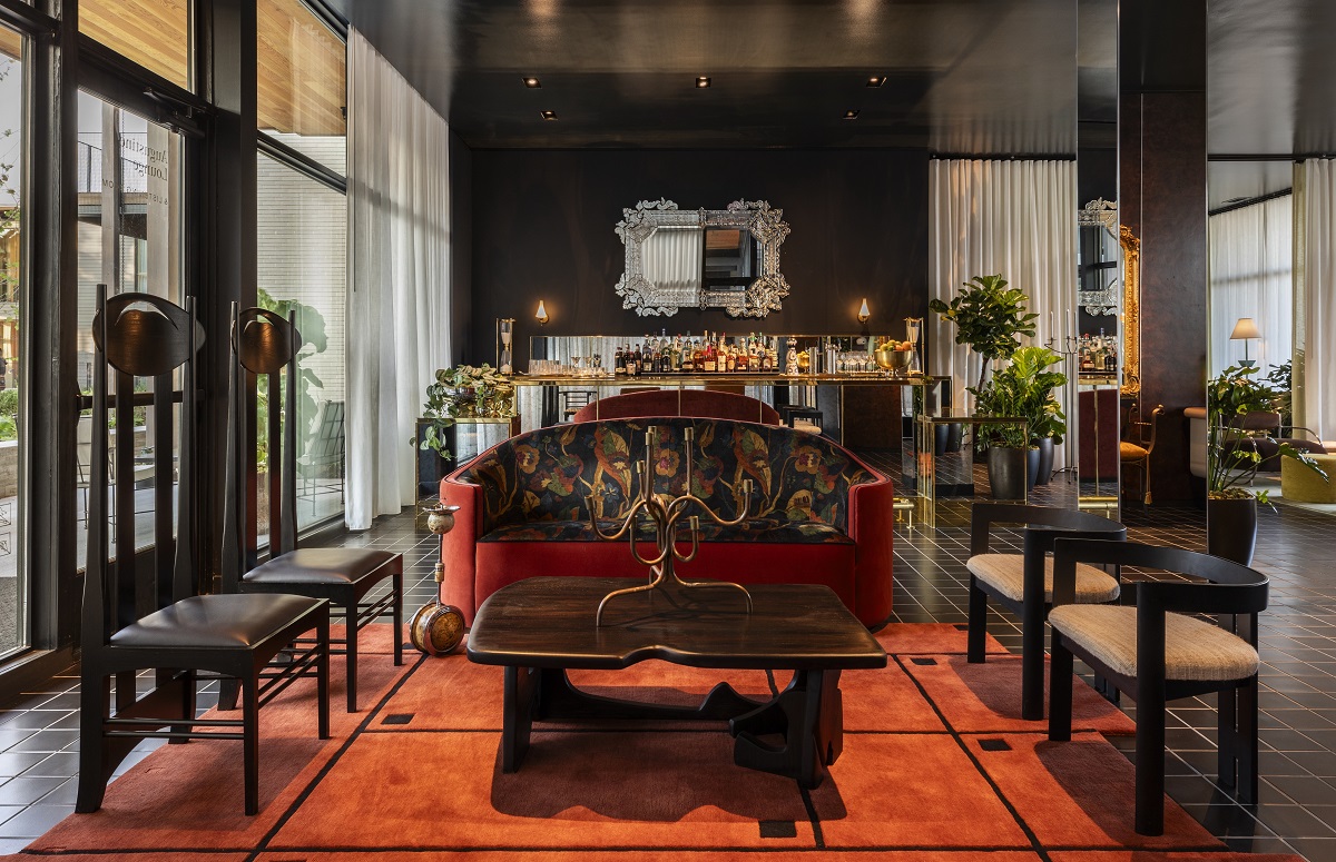 red bar and carpet in lobby lounge of Hotel Saint Augustine