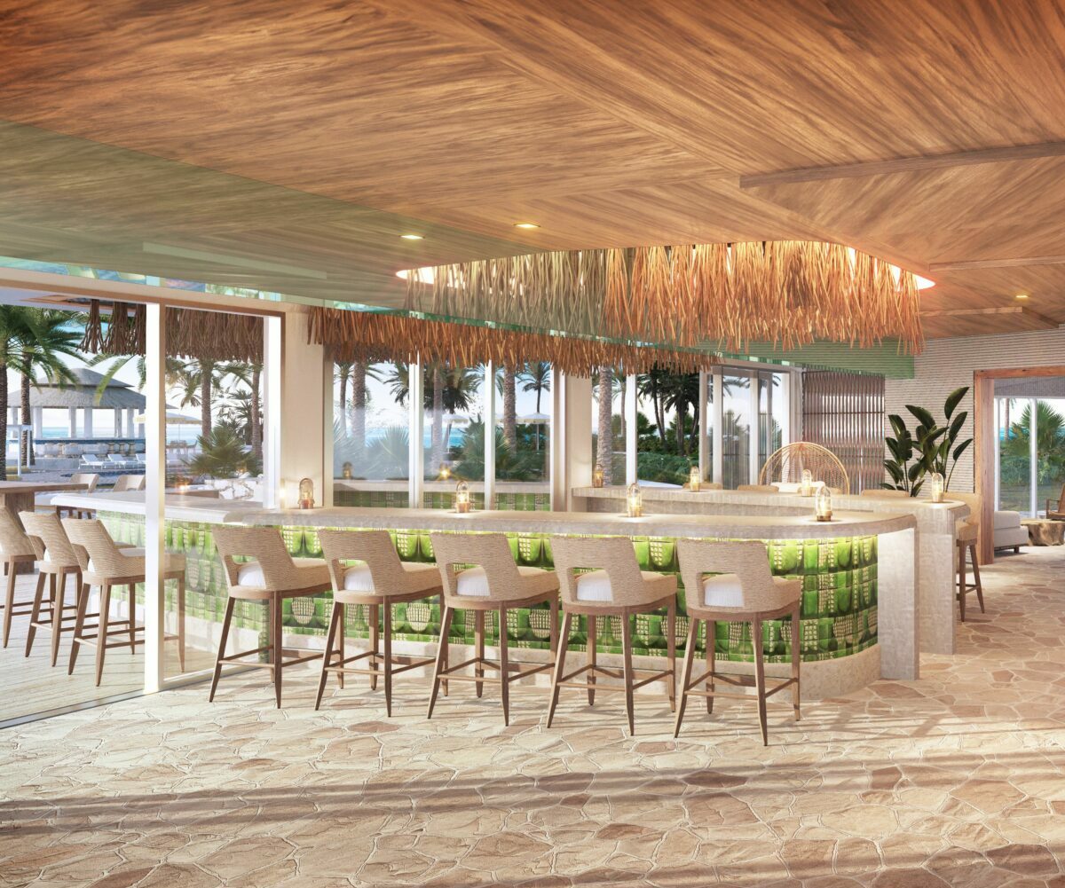 Render of bar interior at Salterra bar and resort - wooden roof with green and white accents