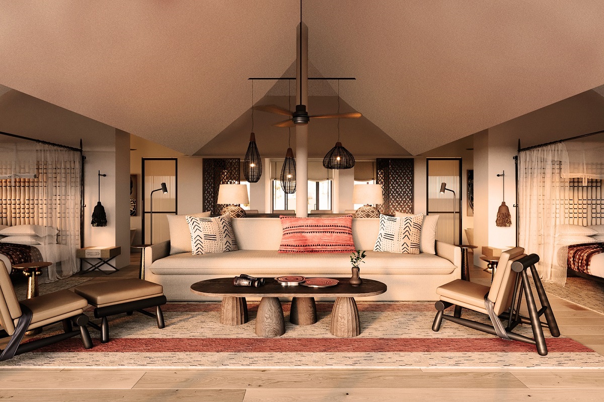 table chairs and couch in tented Mahali Mzuri family tent