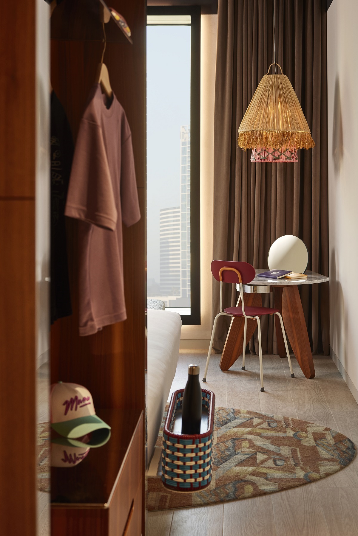 details of carpet, lampshade and desk in Mama Shelter guestroom