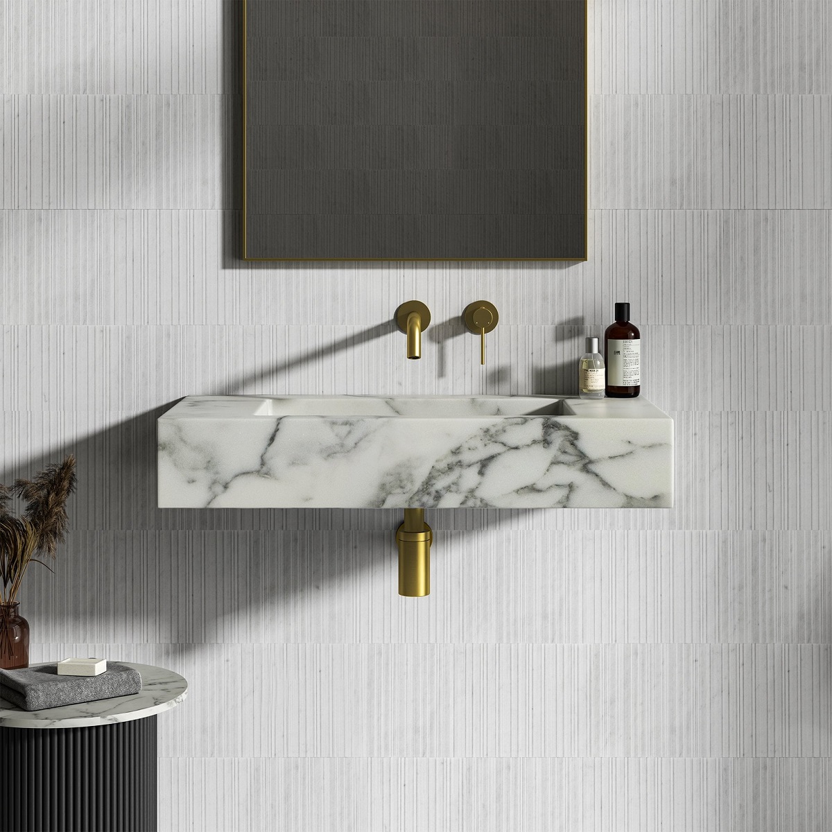 single wall hung basin in marble