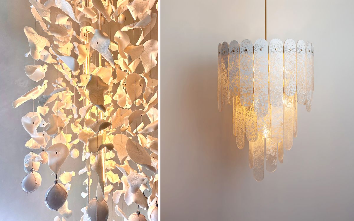 Two examples of delicate lighting products, the first image is a close-up of a chandelier inspired by nature where strands of white leaf-like shapes look as though they're falling from the ceiling; the second is a pendant light made up of three layers of frosted and stippled oblong pieces of varying lengths. 