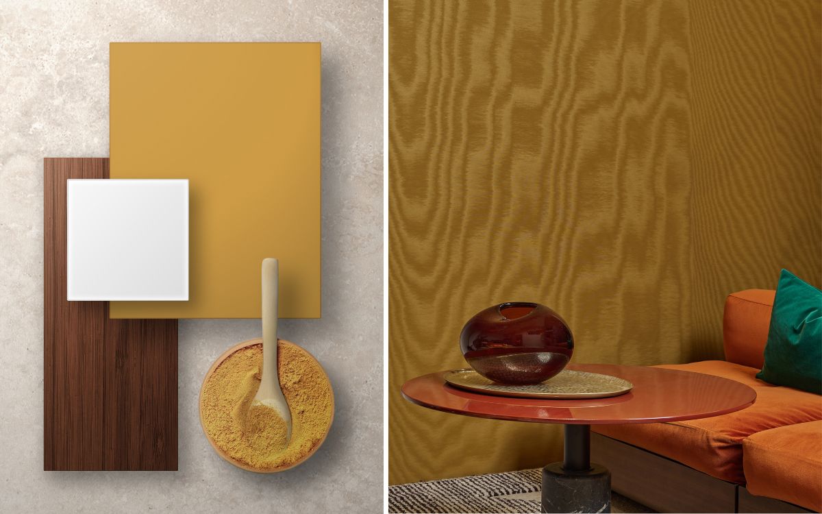 Mustard yellows feature as inspiration for surface colours as referenced by a story board showing mustard dye in powder form and a mustard wallpaper concept on a wall with a bright orange sofa in the foreground