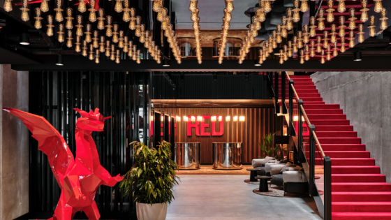 feature lighting on ceiling and red dragon at entrance to Radisson Red Krakow