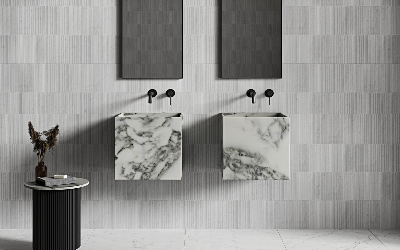 double wall-hung marble basins from Nôsa in the OpusArtis™ Marble Collection