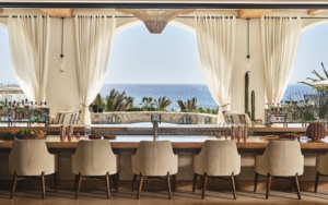 chair looking out across table and drapes to pool and sea at Four Seasons Cabo design by Meyer Davis