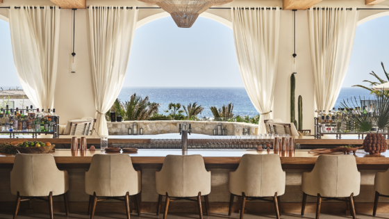 chair looking out across table and drapes to pool and sea at Four Seasons Cabo design by Meyer Davis