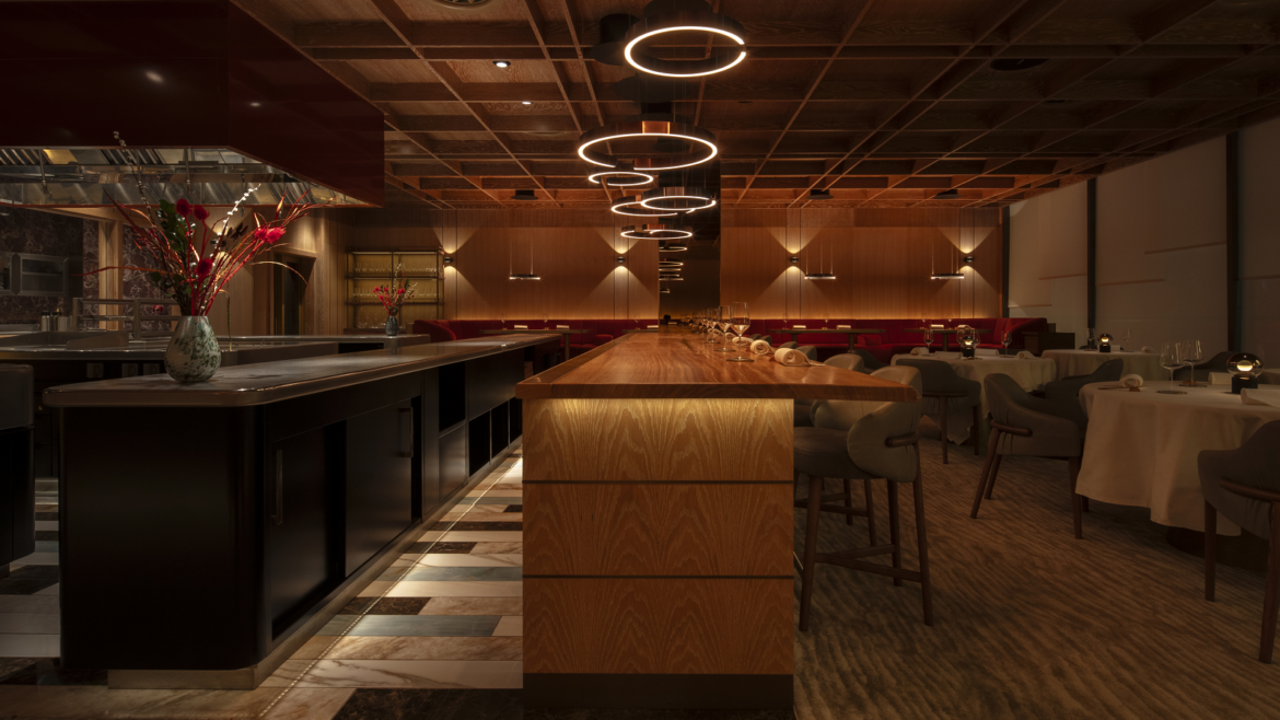 Tables and lighting in Row on 5 restaurant design by Rosendale design