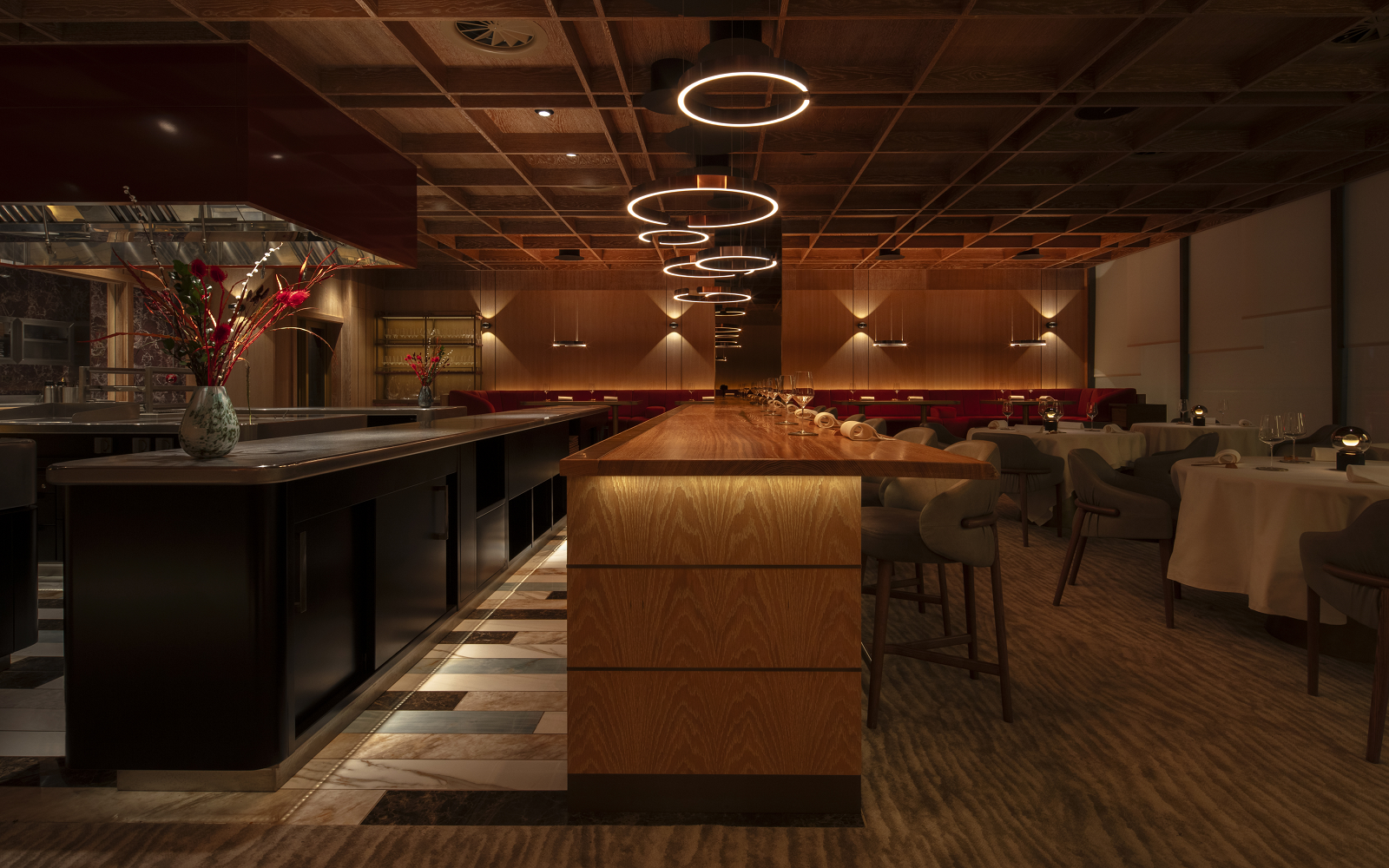 Tables and lighting in Row on 5 restaurant design by Rosendale design